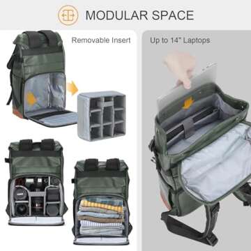 TARION Waterproof Camera Backpack Bag - Eco-friendly Leather Camera Bag with 13" Laptop Sleeve Removable Insert, Safe Back &Top Access, Modern Camera Backpack for Photographer Stylish Venizia Green