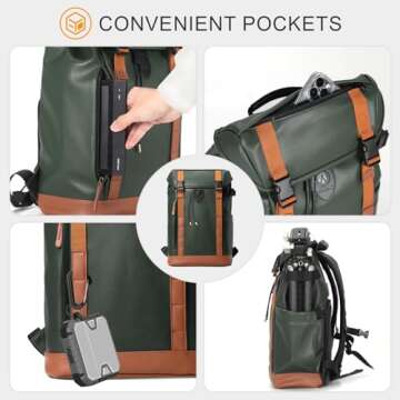 TARION Waterproof Camera Backpack Bag - Eco-friendly Leather Camera Bag with 13" Laptop Sleeve Removable Insert, Safe Back &Top Access, Modern Camera Backpack for Photographer Stylish Venizia Green