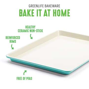 GreenLife Bakeware 13” x 9” Quarter Cookie Sheet, Non-Toxic PFAS-Free Healthy Ceramic Nonstick, Oven Safe to 450°F, Easy Release, Even Heating, Easy Clean, Turquoise