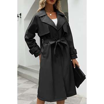 Bellivera Women Trench Coat Long Faux Leather Classic Lapel Overcoat Black M 2225