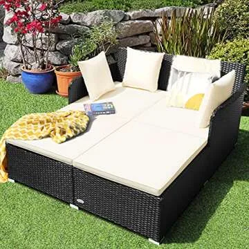 HAPPYGRILL Outdoor Daybed Rattan Wicker Patio Daybed with Padded Cushions Pillows and Sturdy Aluminu...