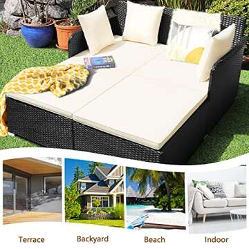 HAPPYGRILL Outdoor Daybed Rattan Wicker Patio Daybed with Padded Cushions Pillows and Sturdy Aluminum Foot, Patio Sofa Furniture Set for Garden Porch Poolside