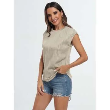 LILLUSORY Women's Short Sleeve Dressy Tops Crewneck Textured Shirt Cute Summer Tops 2025 Basic T-Shirts Work Blouses Apricot M