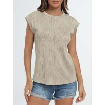 LILLUSORY Women's Short Sleeve Dressy Tops Crewneck Textured Shirt Cute Summer Tops 2025 Basic T-Shirts Work Blouses Apricot M