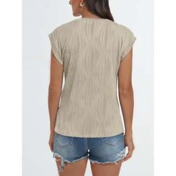 LILLUSORY Women's Short Sleeve Dressy Tops Crewneck Textured Shirt Cute Summer Tops 2025 Basic T-Shirts Work Blouses Apricot M