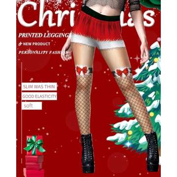 High Waisted Novelty Christmas Holiday Printed Leggings for Women, Sexy Fishnet Stocking Print Leggings, S/M