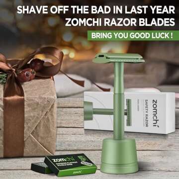 ZOMCHI Double Edge Close Comb Safety Razor with Stand, Shaving Razor for Men with 10 Safety Razor Blades, Reusable Single Blade DE Metal Razor – Fern Green
