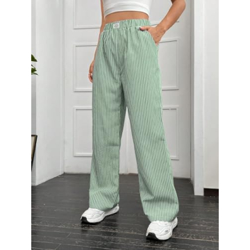 OYOANGLE Women's Stylish Striped Wide Leg Trousers