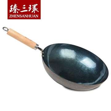 ZhenSanHuan Chinese Hand Hammered Iron Pow Woks and Stir Fry Pans Wooden Handle Round Bottom (30CM, ...