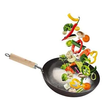 ZhenSanHuan Chinese Hand Hammered Iron Pow Woks and Stir Fry Pans Wooden Handle Round Bottom (30CM, Blue Black -Seasoned)