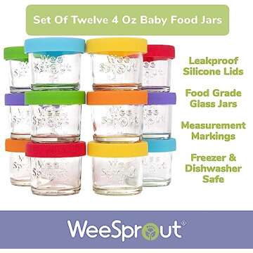 WeeSprout Glass Baby Food Storage Jars w/Lids (4 oz, 12 Pack Set) Snack, Puree, Reusable Small Containers, Breast Milk, Fridge or Freezer, Microwave & Dishwasher Safe, Essential Must Have for Infants