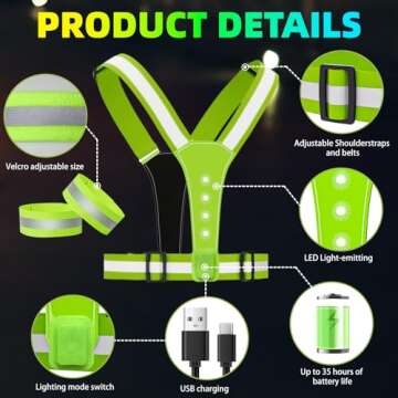 ConKrian LED Reflective Vest USB Rechargeable Running Gear Night Light up Vest Safety Gear Adjustable Elastic Size Night Running LED VES for Men/Women/Child (Green)