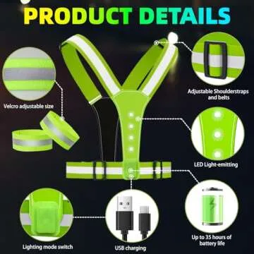 ConKrian LED Reflective Vest USB Rechargeable Running Gear Night Light up Vest Safety Gear Adjustable Elastic Size Night Running LED VES for Men/Women/Child (Green)