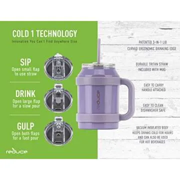 Reduce Tumbler, 50 oz – Stainless Steel Insulated Large Mug With Straw, Lid and Handle – 36 Hours Cold – For Cold and Hot Drinks – Sweat-Proof Body, Dishwasher Safe – Lavender, Opaque Gloss