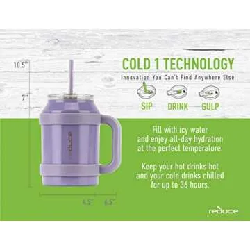Reduce Tumbler, 50 oz – Stainless Steel Insulated Large Mug With Straw, Lid and Handle – 36 Hours Cold – For Cold and Hot Drinks – Sweat-Proof Body, Dishwasher Safe – Lavender, Opaque Gloss