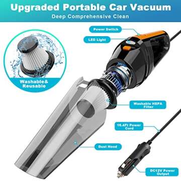 FRESMOL Portable Car Vacuum Cleaner High Power 8000PA/100W/DC12V, 16.4Ft Corded Handheld Car Vacuum ...