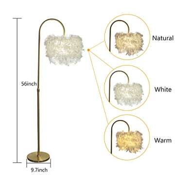 JINUBA Arc Feather Floor Lamp, Boho Floor Lamps with White Feather Shade, Dimmable 3 Color Temperature with LED Bulb 9W Fixture with Foot Switch for 001 (New Pattern) 001 (arc Feather W)
