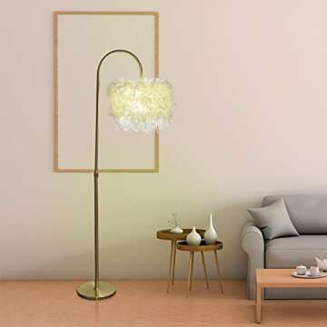 JINUBA Arc Feather Floor Lamp, Boho Floor Lamps with White Feather Shade, Dimmable 3 Color Temperature with LED Bulb 9W Fixture with Foot Switch for 001 (New Pattern) 001 (arc Feather W)