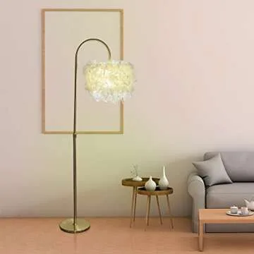 JINUBA Arc Feather Floor Lamp, Boho Floor Lamps with White Feather Shade, Dimmable 3 Color Temperature with LED Bulb 9W Fixture with Foot Switch for 001 (New Pattern) 001 (arc Feather W)