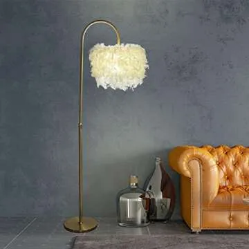 JINUBA Arc Feather Floor Lamp, Boho Floor Lamps with White Feather Shade, Dimmable 3 Color Temperature with LED Bulb 9W Fixture with Foot Switch for 001 (New Pattern) 001 (arc Feather W)