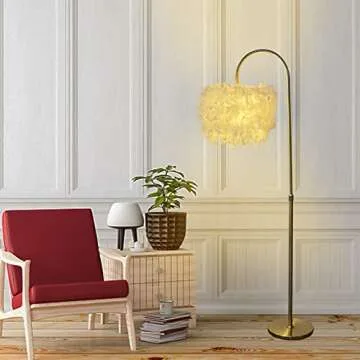 JINUBA Arc Feather Floor Lamp, Boho Floor Lamps with White Feather Shade, Dimmable 3 Color Temperature with LED Bulb 9W Fixture with Foot Switch for 001 (New Pattern) 001 (arc Feather W)