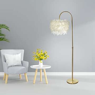 JINUBA Arc Feather Floor Lamp, Boho Floor Lamps with White Feather Shade, Dimmable 3 Color Temperature with LED Bulb 9W Fixture with Foot Switch for 001 (New Pattern) 001 (arc Feather W)