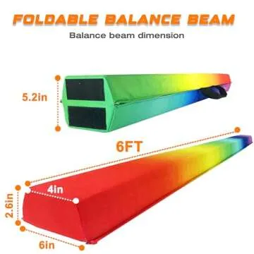 PreGymnastic 6FT/8FT/9.5FT Folding Balance Beam for Kids 3-12,Foldable Gymnastics Floor Beam-Extra Firm Suede Cover with Carry Bag for Home-Gym Equipment for Toddler Teenage (Rainbow, 6FT)
