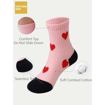 COTTON DAY Kids Girls Pink Cream Crew Athletic Socks Allover Hearts Size S (6) 4-6 Years