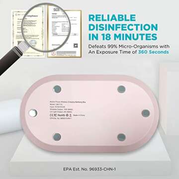 Cahot UV Light Sanitizer Box with Wireless Charging, 8 UV-C LED Lights for Phones, Toothbrushes, Nail Tools, Jewelry, and More (Pink)