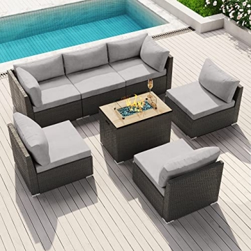 MODENZI Patio Furniture Outdoor Sectional with Propane Fire Pit Table Espresso Brown Wicker Resin Ga...