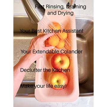 Extendable Colander Over the Sink Strainer basket - Extendable Sink Colander - Wash Fruits and Vegetable. Drain cooked Pasta and Dishes - Efficient Kitchen - Pink 8x19.5x2.8 inches