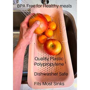 Extendable Colander Over the Sink Strainer basket - Extendable Sink Colander - Wash Fruits and Vegetable. Drain cooked Pasta and Dishes - Efficient Kitchen - Pink 8x19.5x2.8 inches