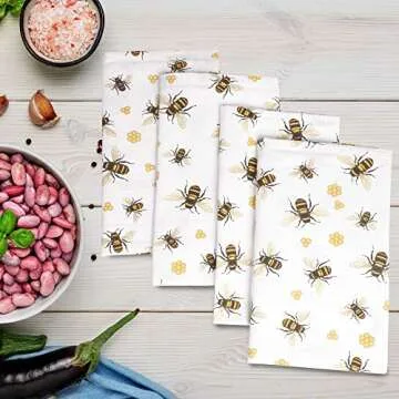 Urban Villa Dinner Napkins Honey Bee Print Cloth Napkins (Set of 12) Oversized 20x20 Inches 100% Cotton Premium Quality Soft Durable with Mitered Corners Reusable Washable Everyday Use Parties Napkins