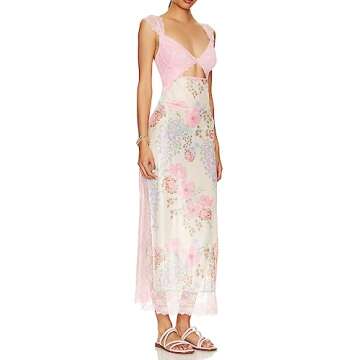 TRURENDI Women Spaghetti Strap Long Dress Ruffled Floral Print Sleeveless Dress Summer Cocktail Party Maxi Dress (b-Pink, S)