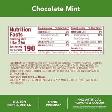 think! Vegan/Plant Based High Protein Bars - Chocolate Mint, 13g Protein, 5g Sugar, No Artificial Sweeteners, Non GMO Project Verified, 10 Count (Packaging May Vary)