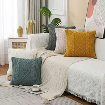 ANDUUNI Decorative Knitted Throw Pillow Covers Double-Cable Sweater Square Warm Cushion Cover for Sofa Bedroom Home Accent Decor