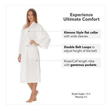 Waffle Robe for Women by BOCA TERRY, Waffle Knit Robe, Long Cotton Kimono Hotel Bathrobe, White Small/Medium