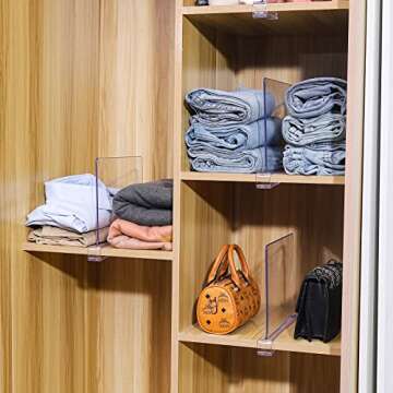10 Pack Closet Organizers and Storage,Clear Acrylic Shelf Dividers for Vertical Purse Organizer,Bookshelf Organization for Closet,Perfect for Cabinet Dividers for Sweater, Shirts, Handbags in Bedroom