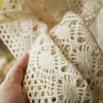 Rustic Boho Curtain Valance for Kitchen Window Farmhouse Handmade Crochet Curtain Tiers for Coffee Decor Room Divider Rod Pocket Hollow Short Lace Curtains for Bathroom Closet 1 Panel W59 X L17 Inch