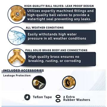 Morvat Heavy Duty Brass 2 way Y Splitter Garden Hose Hexagonal Connector with Comfortable Grip Shut ...