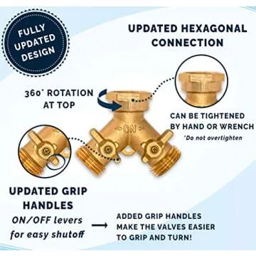 Morvat Heavy Duty Brass 2 way Y Splitter Garden Hose Hexagonal Connector with Comfortable Grip Shut Off Valves, Adapter for Water Tap, Outlet, & Spigot, Includes 2 Extra Rubber Washers & Teflon Tape