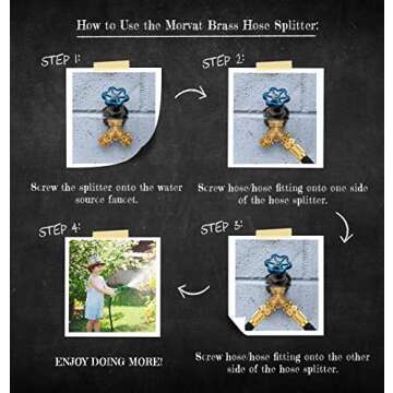 Morvat Heavy Duty Brass 2 way Y Splitter Garden Hose Hexagonal Connector with Comfortable Grip Shut Off Valves, Adapter for Water Tap, Outlet, & Spigot, Includes 2 Extra Rubber Washers & Teflon Tape