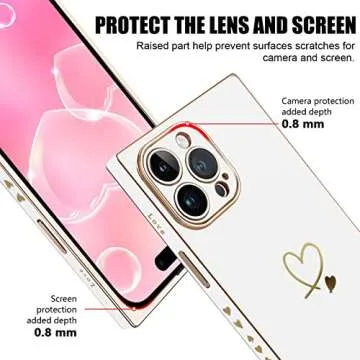 Newseego for iPhone 14 Pro Max Case, Luxury Cute Plating White Gold Love Heart Pattern Phone Case with Cute Chain for Women Girls Soft TPU Full Camera Lens Protection Cover for iPhone 14 Pro Max-White