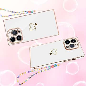 Newseego for iPhone 14 Pro Max Case, Luxury Cute Plating White Gold Love Heart Pattern Phone Case with Cute Chain for Women Girls Soft TPU Full Camera Lens Protection Cover for iPhone 14 Pro Max-White