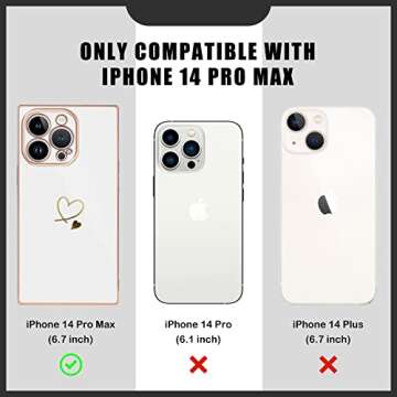 Newseego for iPhone 14 Pro Max Case, Luxury Cute Plating White Gold Love Heart Pattern Phone Case with Cute Chain for Women Girls Soft TPU Full Camera Lens Protection Cover for iPhone 14 Pro Max-White