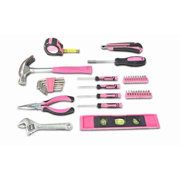 Apollo Tools 39 Piece General Household Tool Set in Toolbox Storage Case with Essential Hand Tools for Everyday Home Repairs, DIY and Crafts - Pink Ribbon - Pink - DT9711P