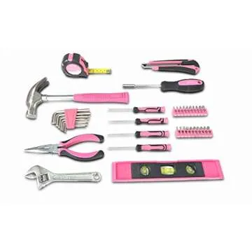 Apollo Tools 39 Piece General Household Tool Set in Toolbox Storage Case with Essential Hand Tools for Everyday Home Repairs, DIY and Crafts - Pink Ribbon - Pink - DT9711P