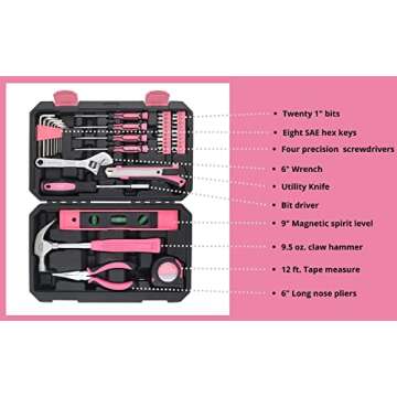 Apollo Tools 39 Piece General Household Tool Set in Toolbox Storage Case with Essential Hand Tools for Everyday Home Repairs, DIY and Crafts - Pink Ribbon - Pink - DT9711P