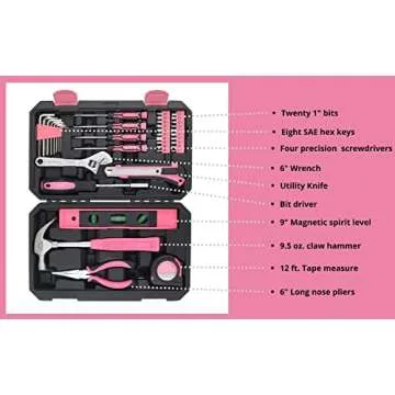 Apollo Tools 39 Piece General Household Tool Set in Toolbox Storage Case with Essential Hand Tools for Everyday Home Repairs, DIY and Crafts - Pink Ribbon - Pink - DT9711P