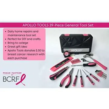 Apollo Tools 39 Piece General Household Tool Set in Toolbox Storage Case with Essential Hand Tools for Everyday Home Repairs, DIY and Crafts - Pink Ribbon - Pink - DT9711P